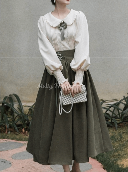 【2点セット】お忍びトップスとお嬢様の休日スカート(全3色)