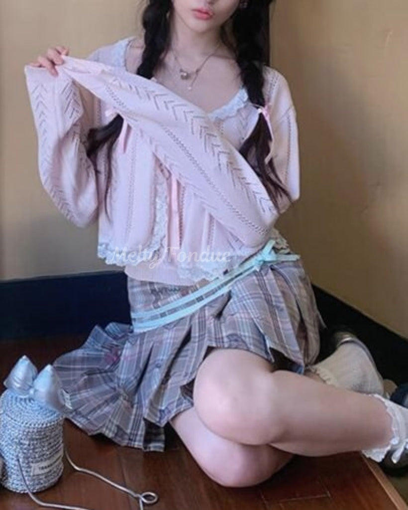 【2点セット】秘密の午後に甘く揺れるリボンキャミ&カーデ