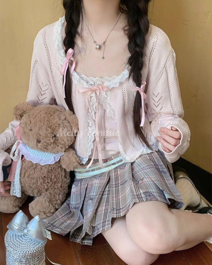 【2点セット】秘密の午後に甘く揺れるリボンキャミ&カーデ