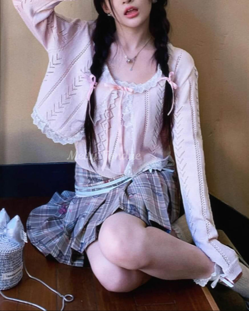 【2点セット】秘密の午後に甘く揺れるリボンキャミ&カーデ