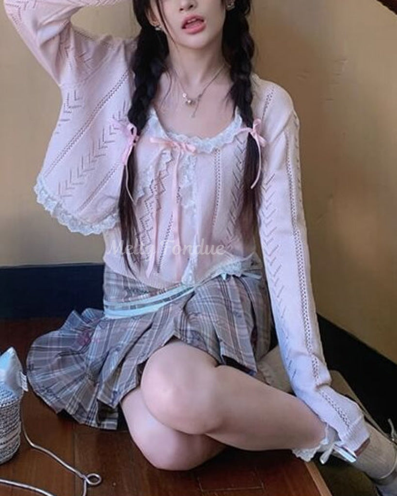 【2点セット】秘密の午後に甘く揺れるリボンキャミ&カーデ