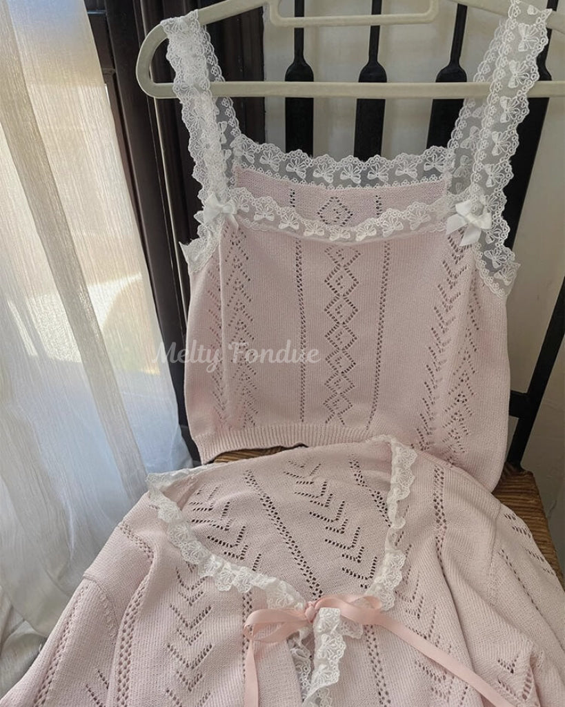 【2点セット】秘密の午後に甘く揺れるリボンキャミ&カーデ