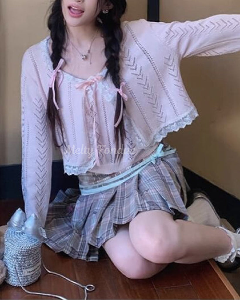 【2点セット】秘密の午後に甘く揺れるリボンキャミ&カーデ