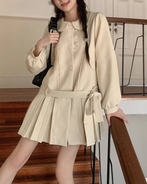 【取り外し可能なウエストリボン付き】木漏れ日の物語を綴るお花柄コート