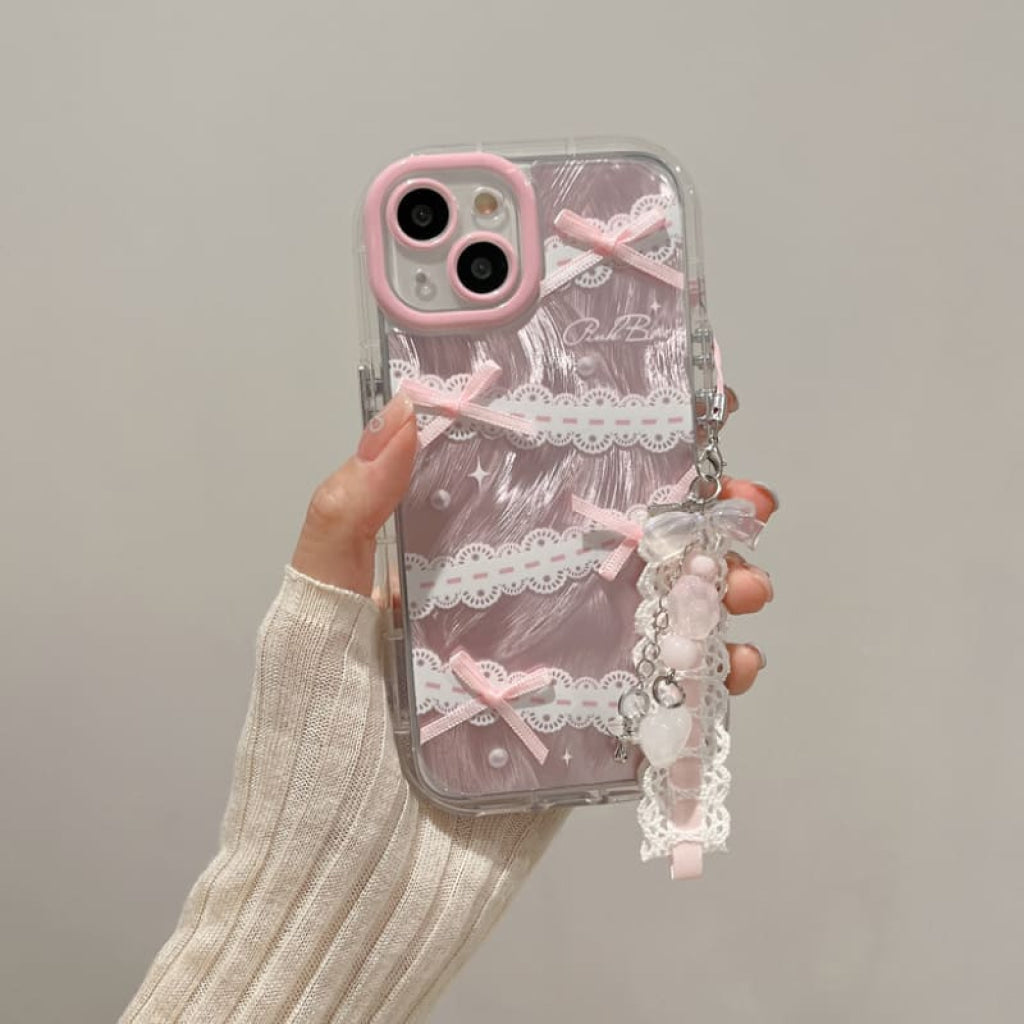 リボンで飾った大好きの魔法Iphoneケース(全2種) Iphone15 / ピンク クリアビーズストラップ付き