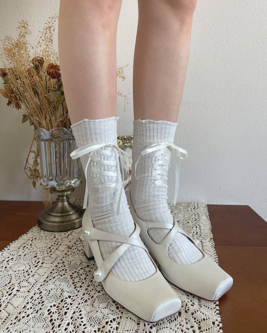 ときめくリボンレースアップソックス(全2色) ホワイト