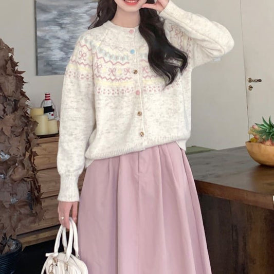 リボン結んだおもちゃ箱のカーディガン(全2色) ホワイト