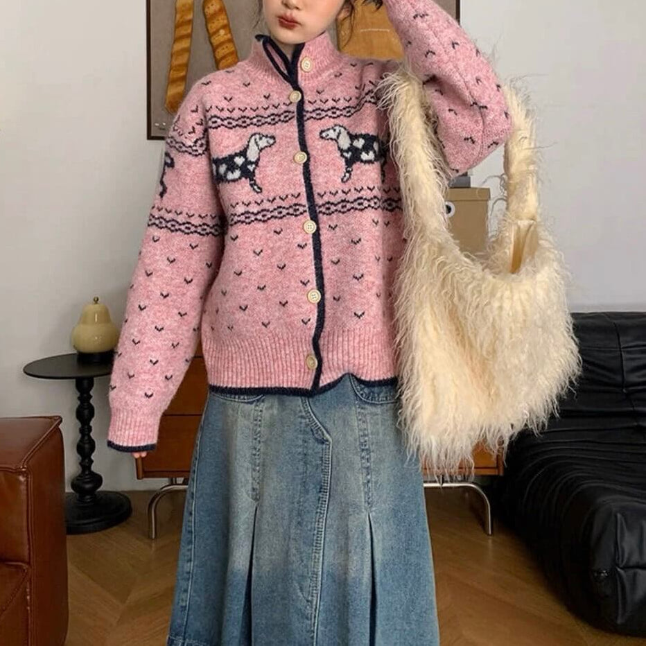 《癒しの冬ニット》でリボンと仔犬のメロディカーディガン（全2色）