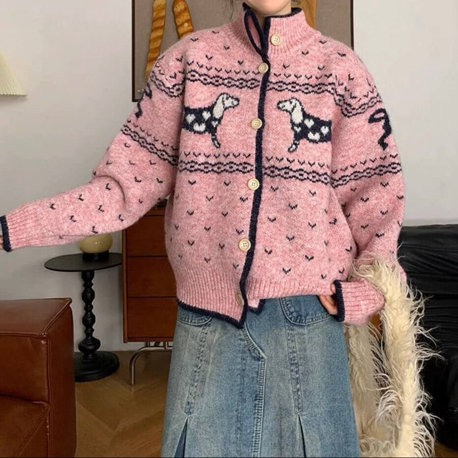 《癒しの冬ニット》でリボンと仔犬のメロディカーディガン（全2色）