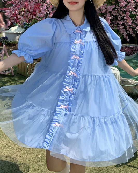 《ふわふわ透け感スカート》きらめく庭園のロマンティックリボンワンピース（全2色）