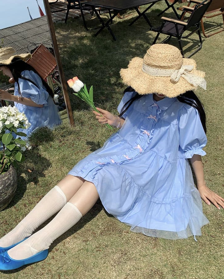 《ふわふわ透け感スカート》きらめく庭園のロマンティックリボンワンピース（全2色）