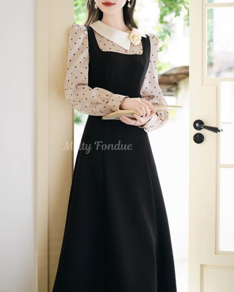 薔薇と白襟のクラシカルドットワンピース