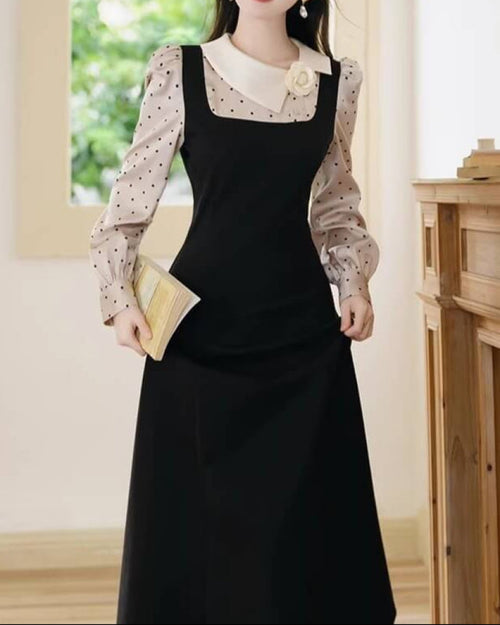 《ドットが奏でる上品クラシック》薔薇と白襟のクラシカルドットワンピース