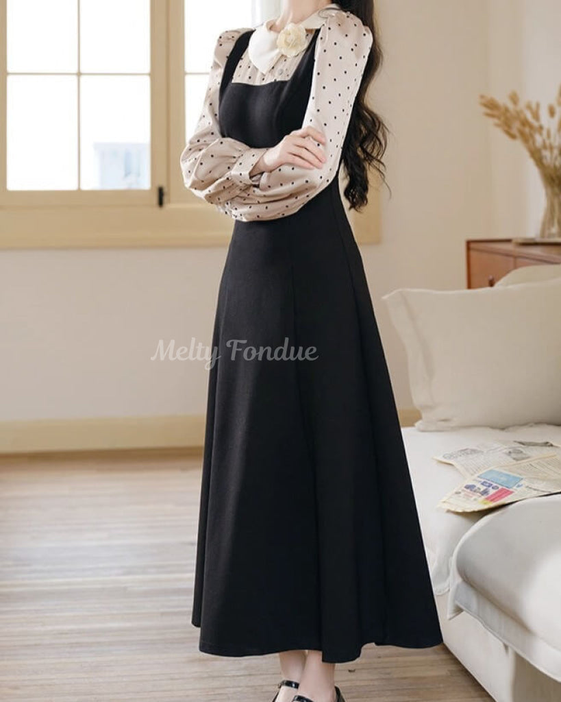 薔薇と白襟のクラシカルドットワンピース