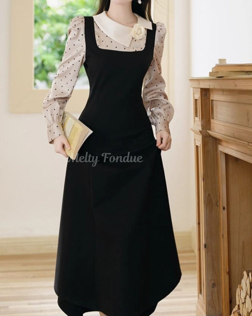 薔薇と白襟のクラシカルドットワンピース