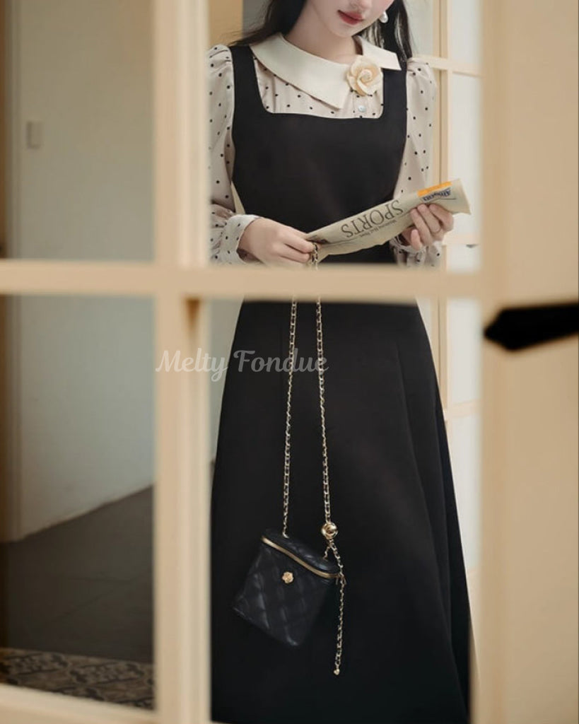 薔薇と白襟のクラシカルドットワンピース