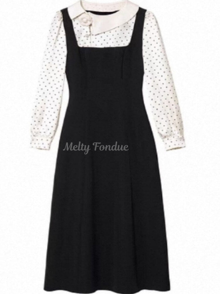 薔薇と白襟のクラシカルドットワンピース