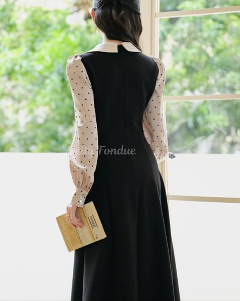 薔薇と白襟のクラシカルドットワンピース