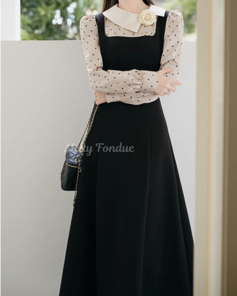 薔薇と白襟のクラシカルドットワンピース