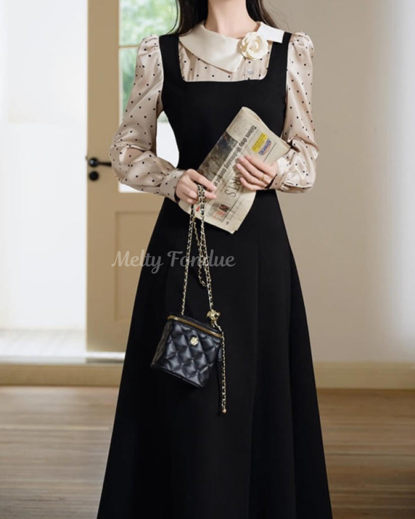 薔薇と白襟のクラシカルドットワンピース