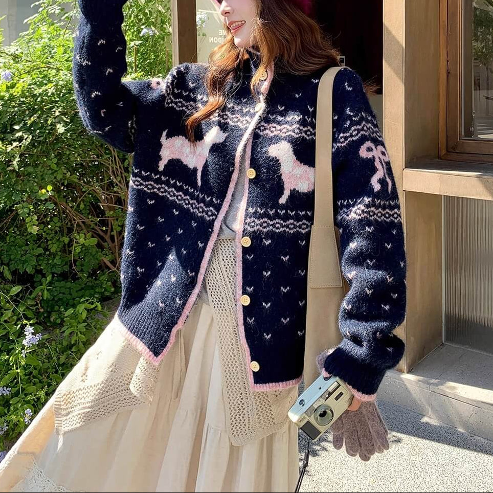 《癒しの冬ニット》でリボンと仔犬のメロディカーディガン（全2色）