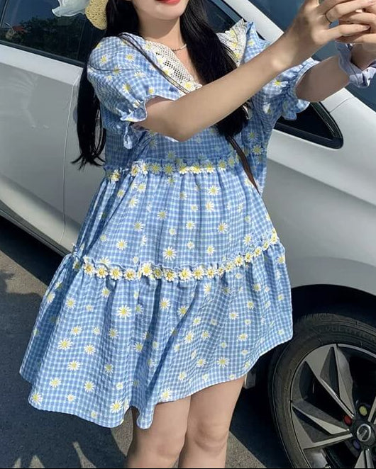 《爽やかギンガムチェック》小さなお花畑の休日ワンピース