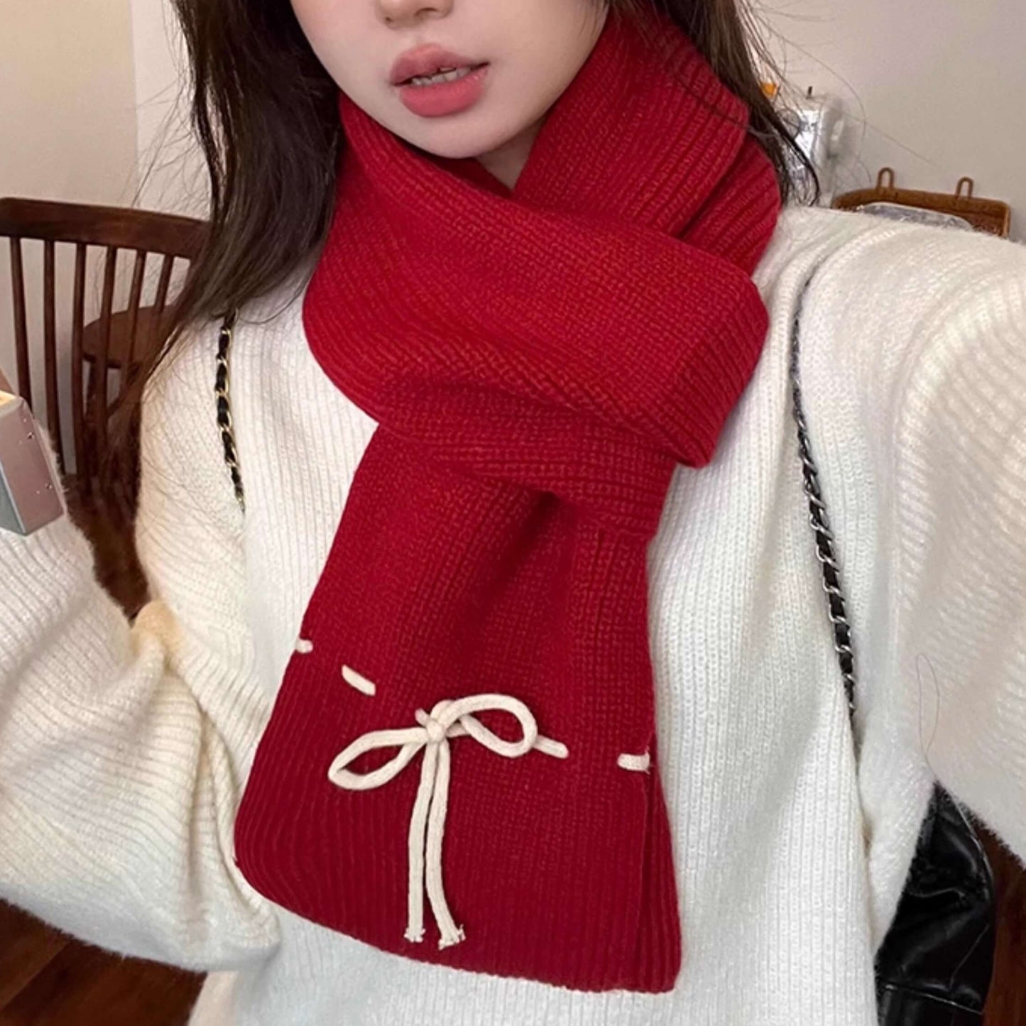 《防寒も可愛さも、これひとつで》恋色リボンのぬくもりマフラー（全6色）