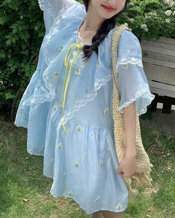 《ふんわり広がる爽やかブルー》お花畑で遊ぶ妖精のガーデンワンピース