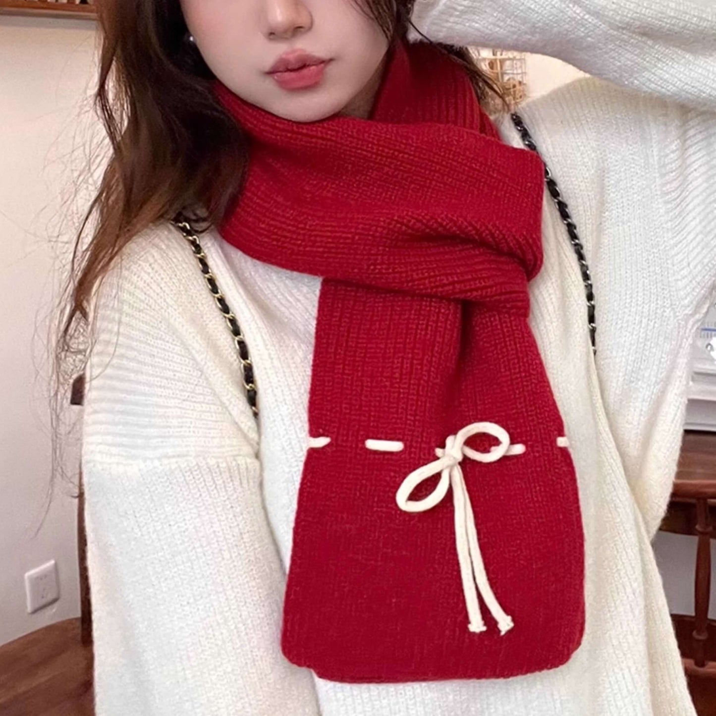 《防寒も可愛さも、これひとつで》恋色リボンのぬくもりマフラー（全6色）