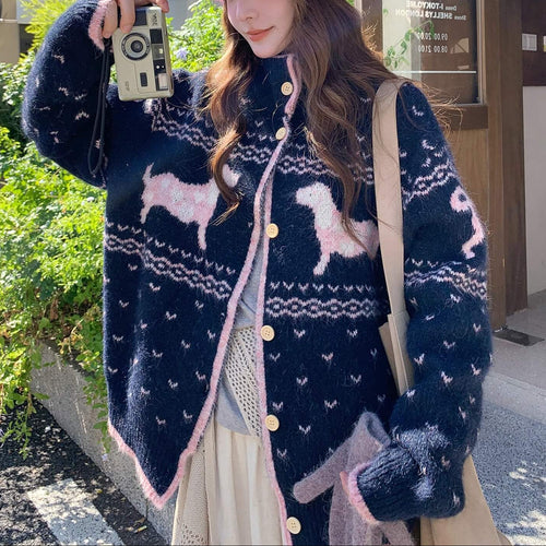 《癒しの冬ニット》でリボンと仔犬のメロディカーディガン（全2色）