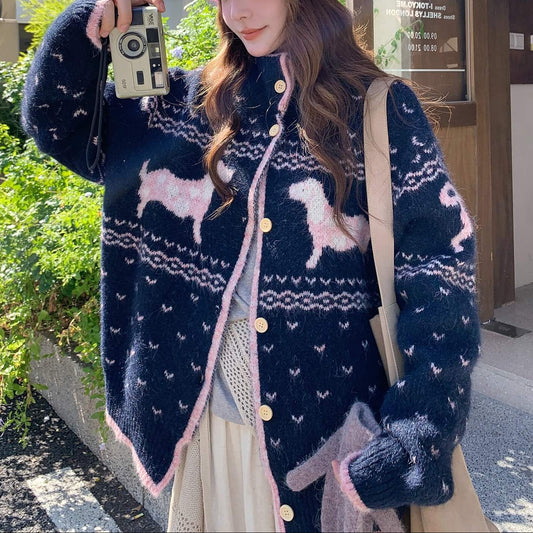 《癒しの冬ニット》でリボンと仔犬のメロディカーディガン（全2色）