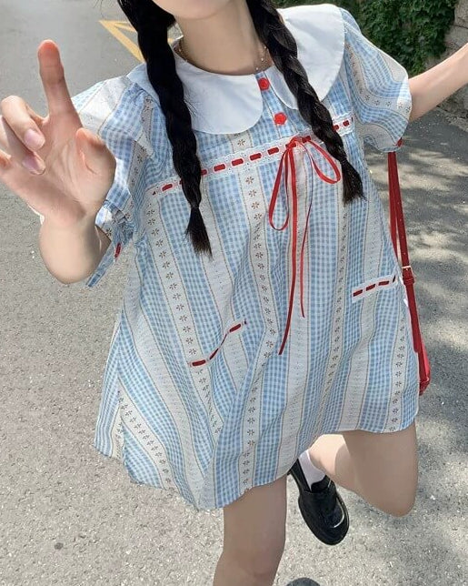 《赤リボンが映えるレトロガーリー》童話の休日にときめくワンピース