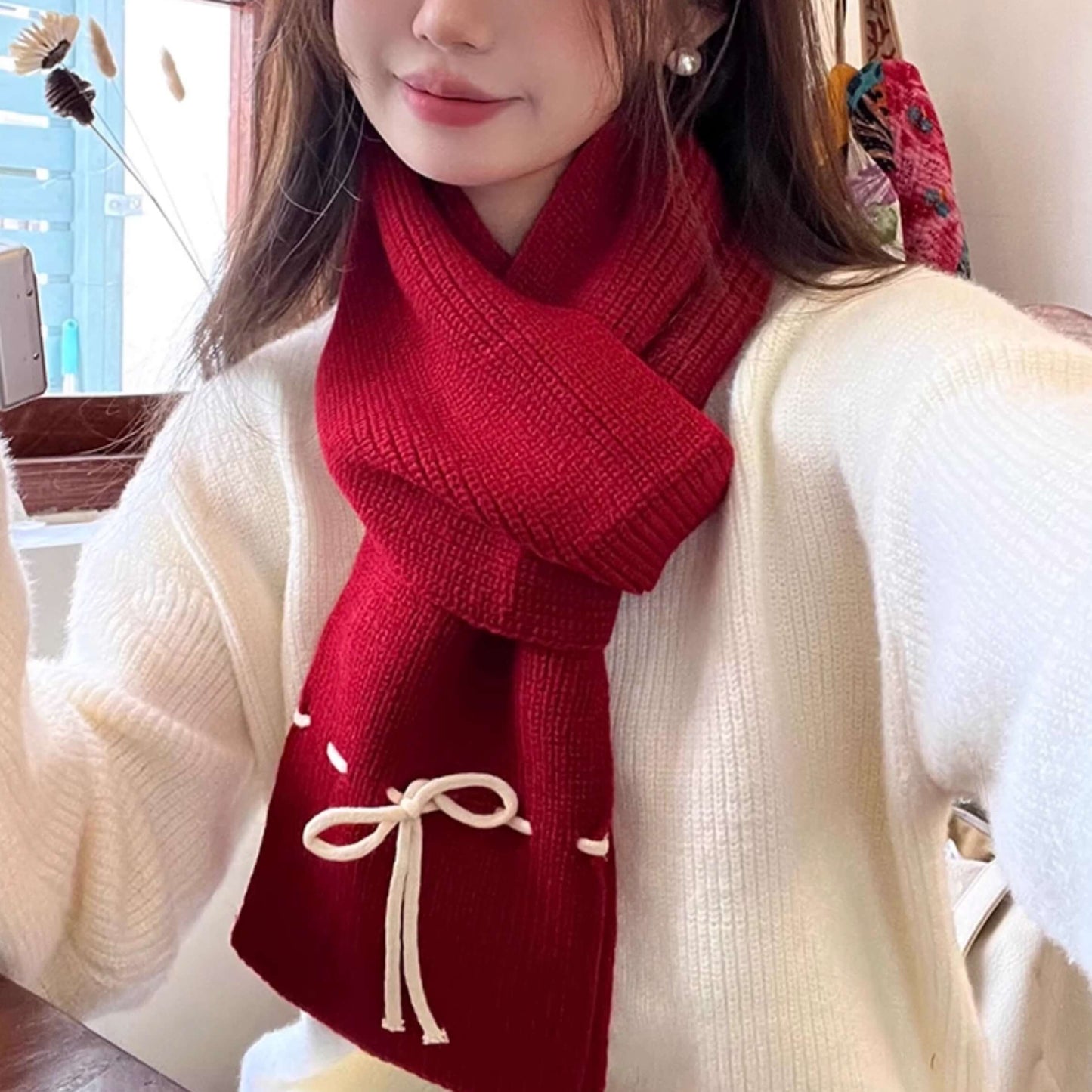 《防寒も可愛さも、これひとつで》恋色リボンのぬくもりマフラー（全6色）