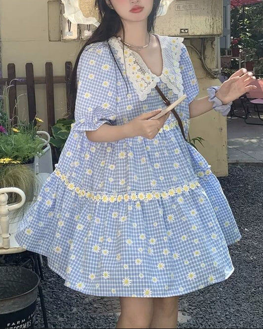 《爽やかギンガムチェック》小さなお花畑の休日ワンピース