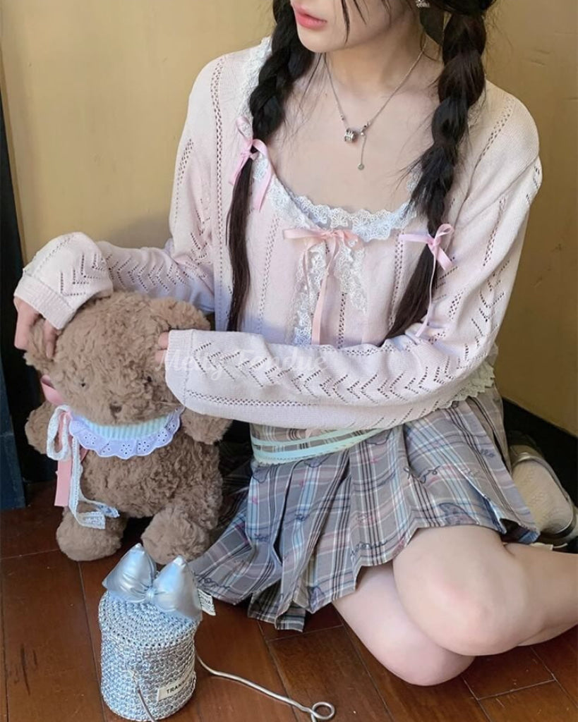 【2点セット】秘密の午後に甘く揺れるリボンキャミ＆カーデ