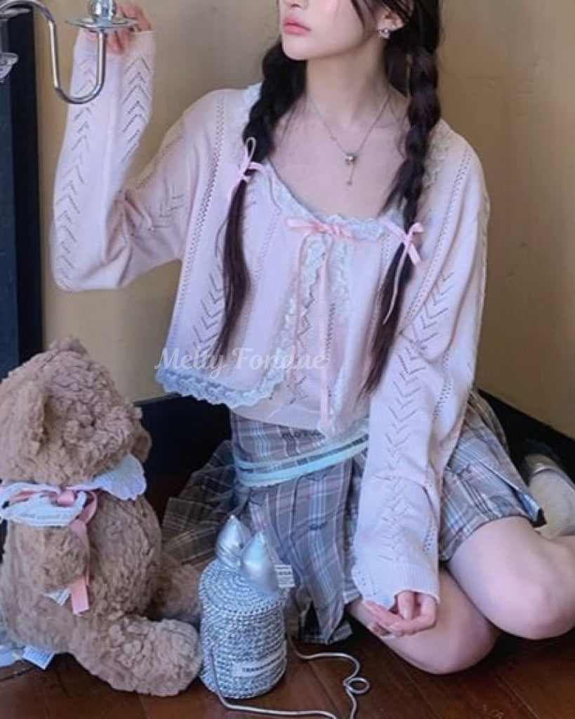 【2点セット】秘密の午後に甘く揺れるリボンキャミ＆カーデ