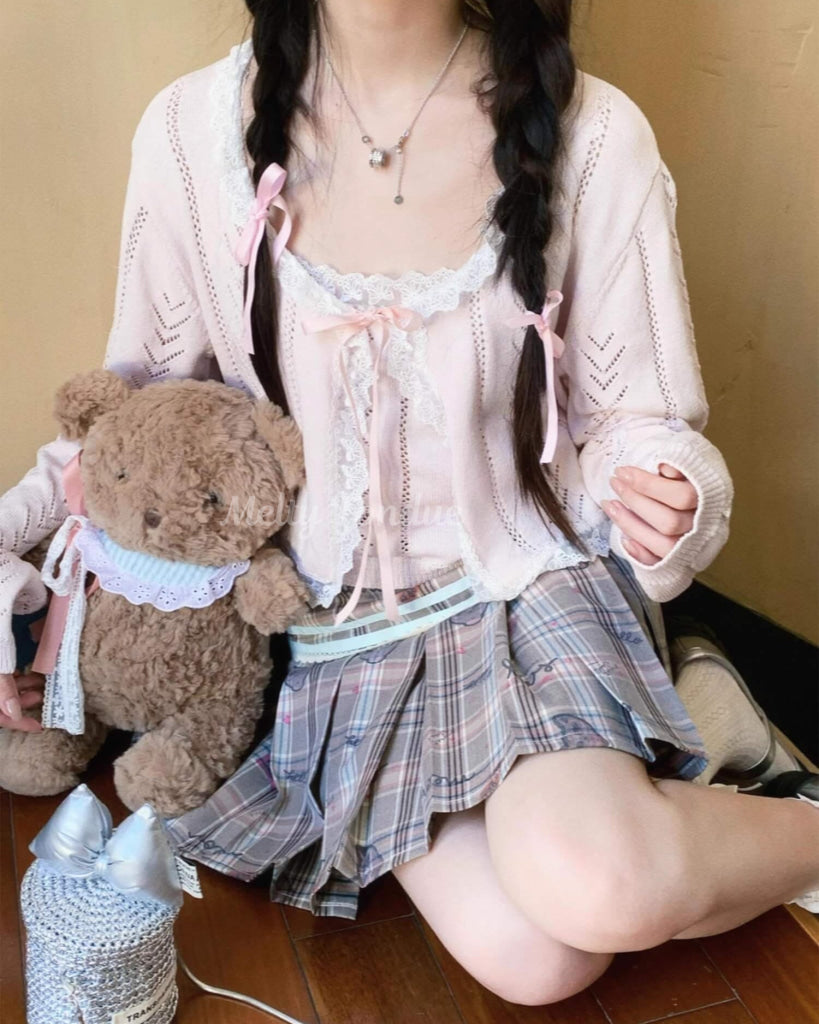 【2点セット】秘密の午後に甘く揺れるリボンキャミ＆カーデ