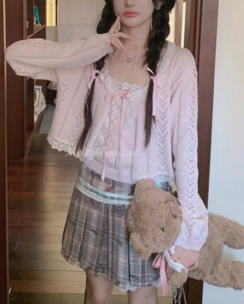 【2点セット】秘密の午後に甘く揺れるリボンキャミ＆カーデ