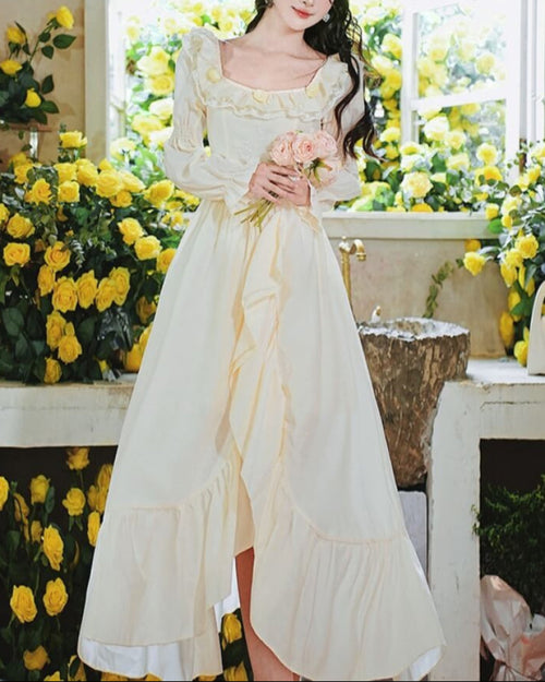 【柔らか曲線で美シルエット】花咲く陽だまりの庭ワンピース